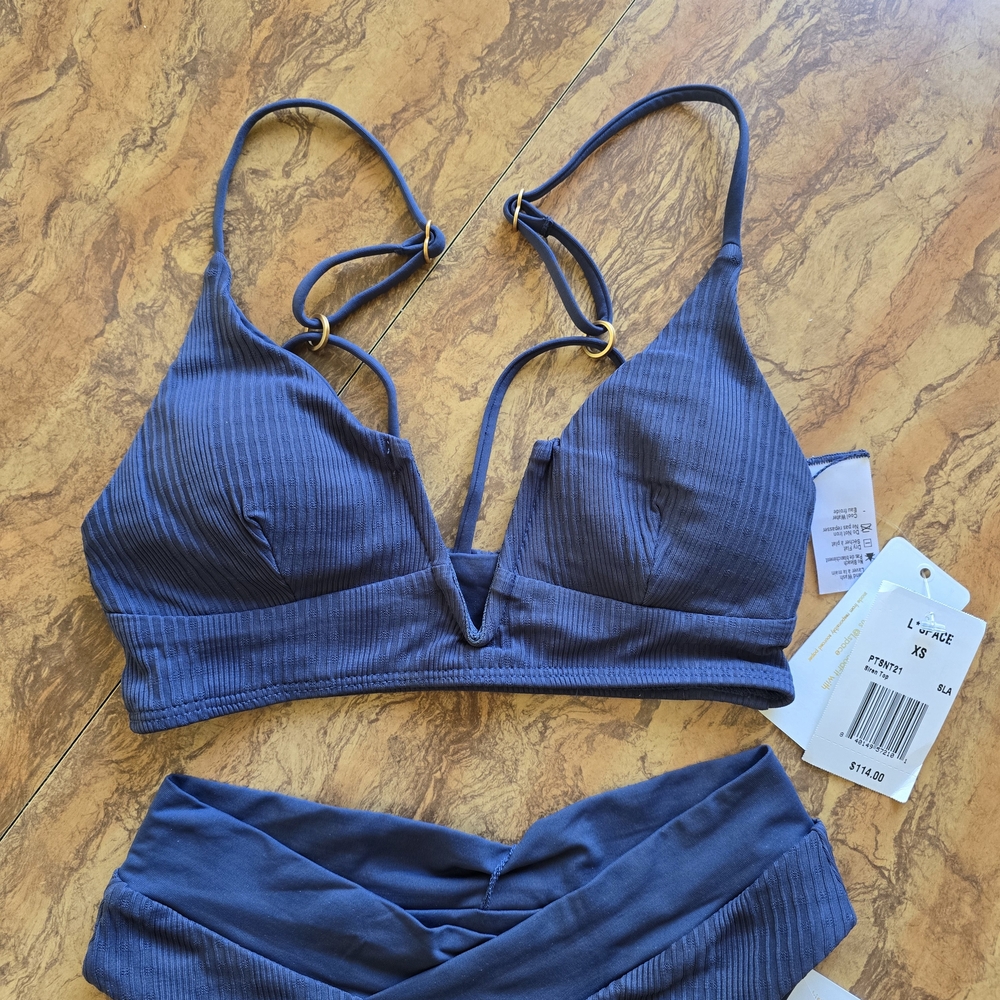 L*SPACE Blue Ribbed Bikini Set With Hardware - Picture 3 of 3